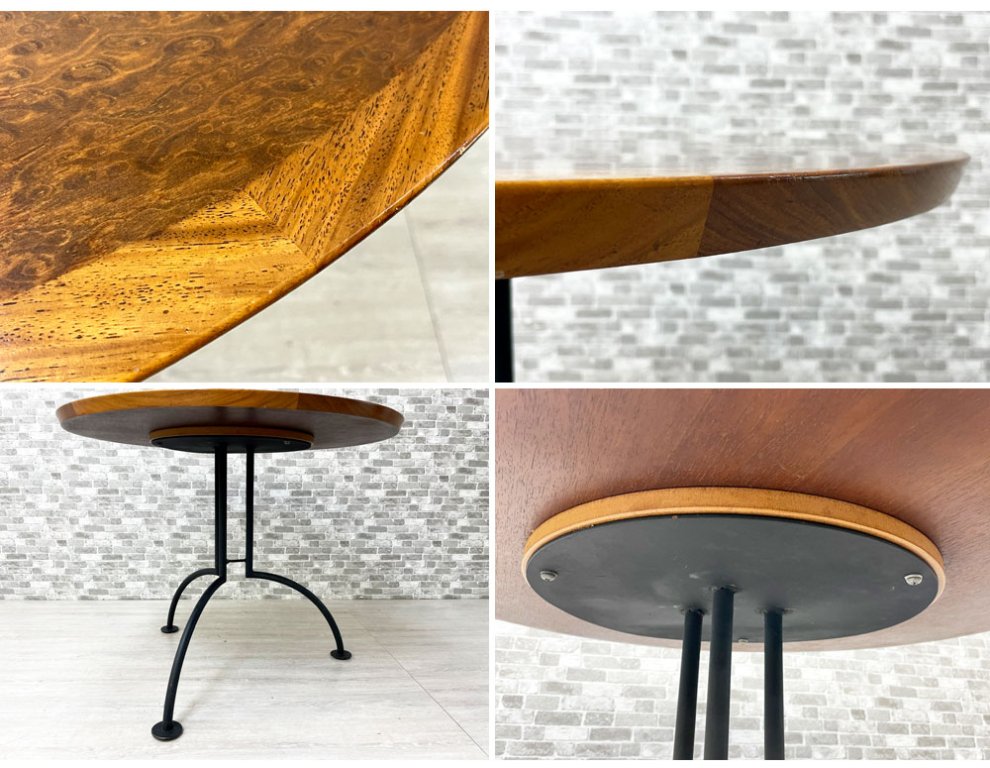 モダンデザイン Modern Design ラウンド ダイニングテーブル カフェテーブル 玉杢目 アイアンレッグ 直径90.5cm ●