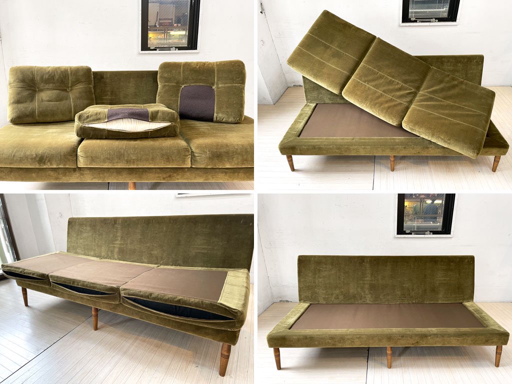 トラックファニチャー TRUCK FURNITURE TSブレッドソファ TS BREAD SOFA 3P ナラ無垢材 張地 F-72 オリーブビロード オーダー品 ★