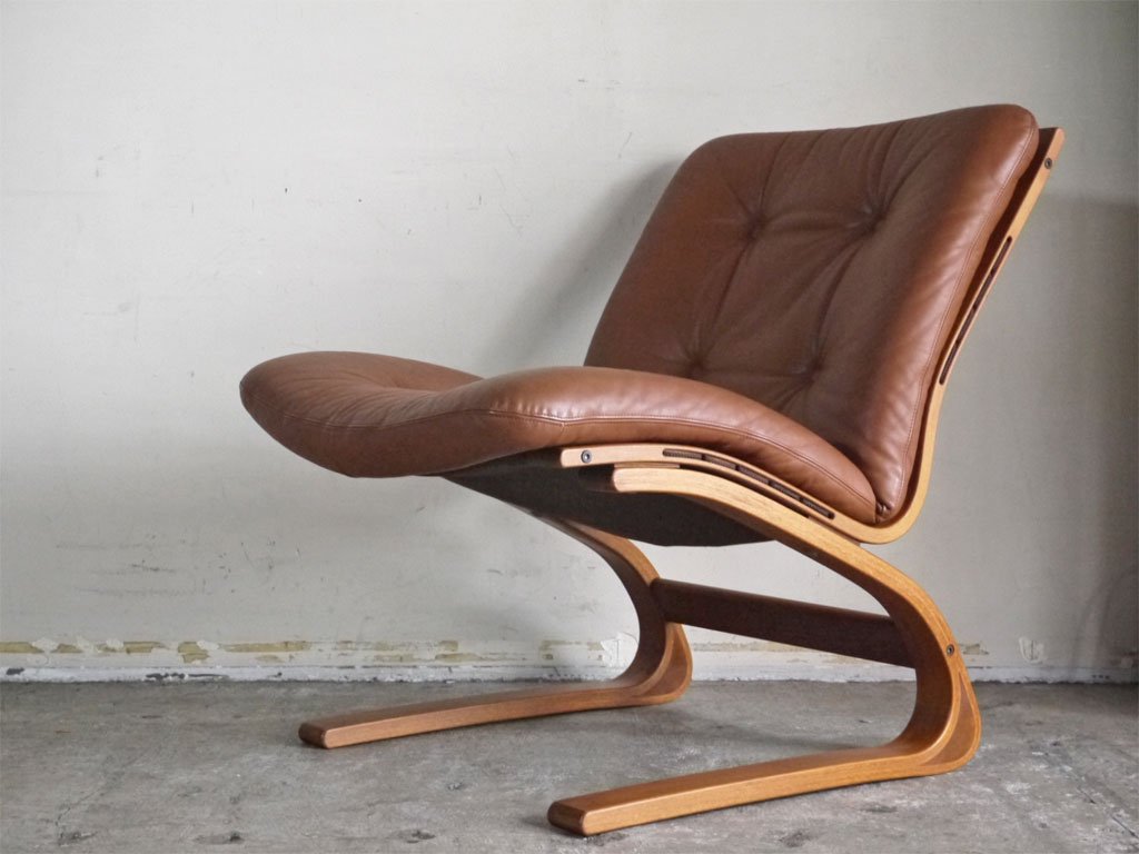 リボ・リッケン Rybo Rykken ケングーチェア Kengu Chair チーク材 ラウンジチェア レザー ノルウェー 北欧ビンテージ B ■