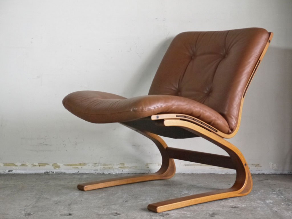 リボ・リッケン Rybo Rykken ケングーチェア Kengu Chair チーク材 ラウンジチェア レザー ノルウェー 北欧ビンテージ A ■