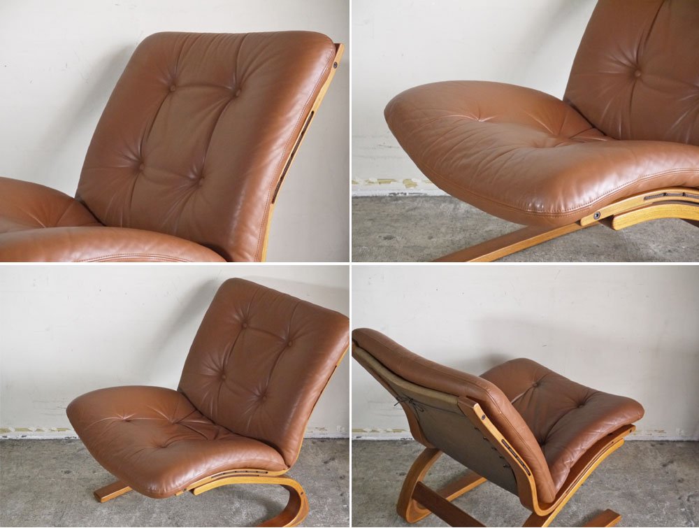 リボ・リッケン Rybo Rykken ケングーチェア Kengu Chair チーク材 ラウンジチェア レザー ノルウェー 北欧ビンテージ A ■