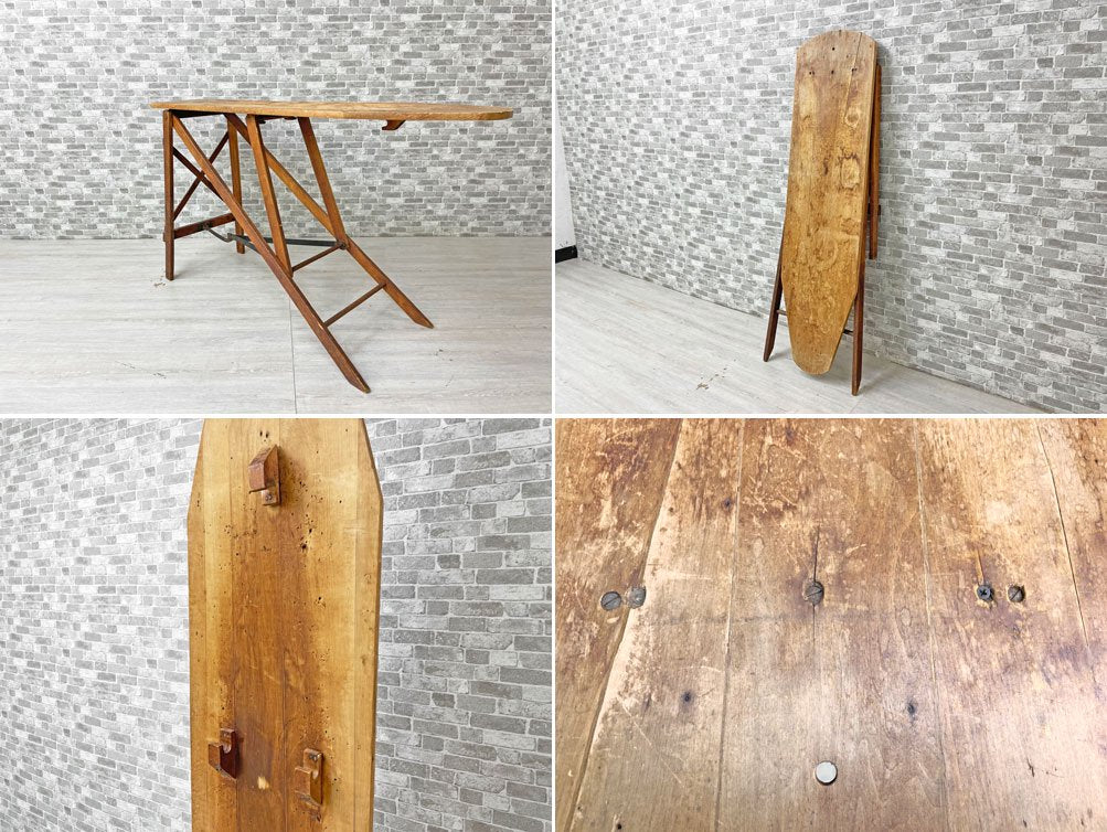 UKビンテージ Vintage アイロン台 折り畳み フォールディング パイン材 コンソール ハイテーブル 作業台 英国 ●