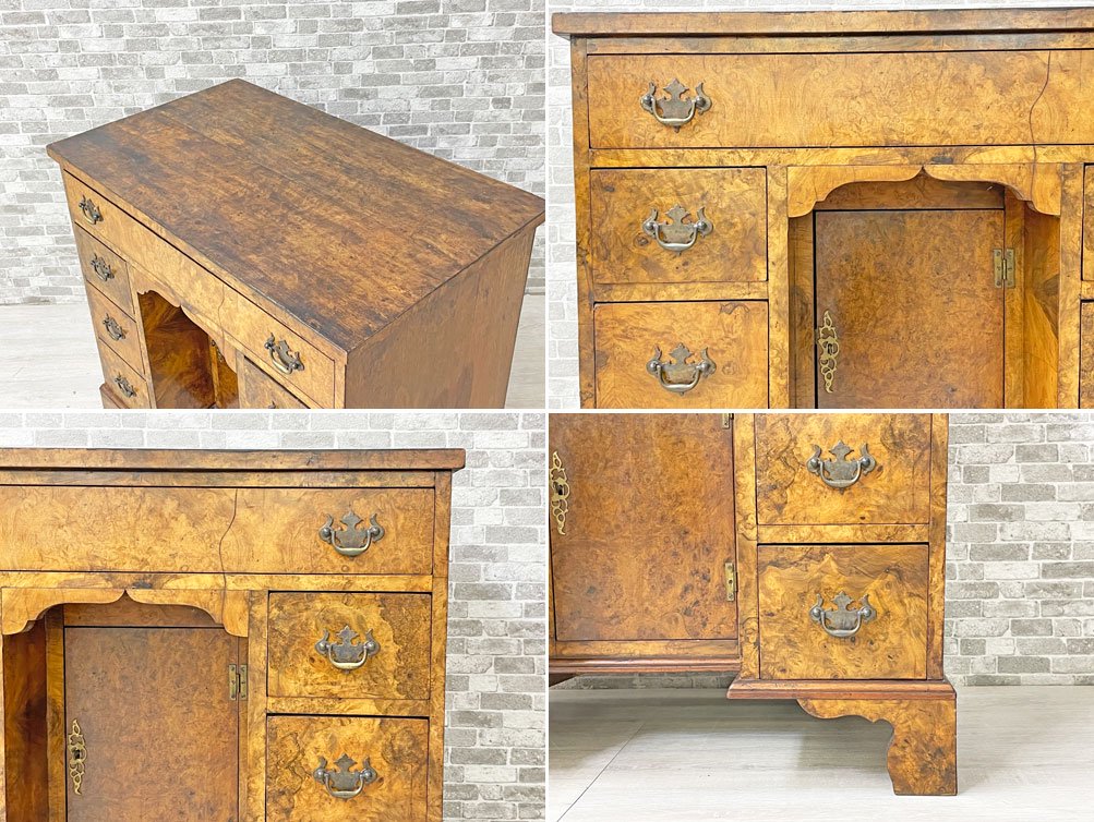 UKビンテージ Vintage ニーホールデスク 両袖 鍵付き ウォールナット材 バール杢 ジョージアン様式 英国家具 ●