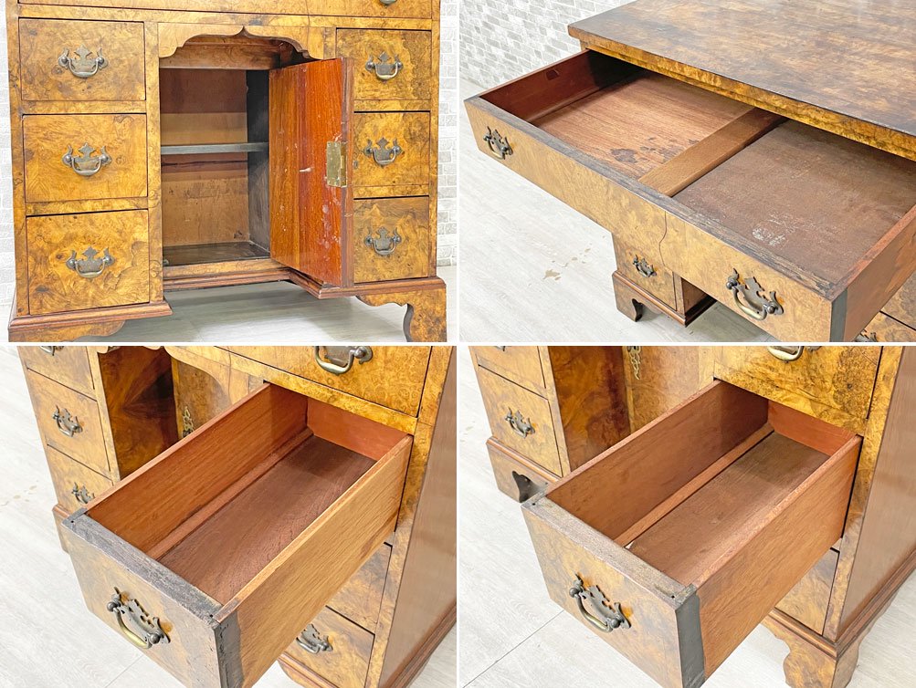 UKビンテージ Vintage ニーホールデスク 両袖 鍵付き ウォールナット材 バール杢 ジョージアン様式 英国家具 ●