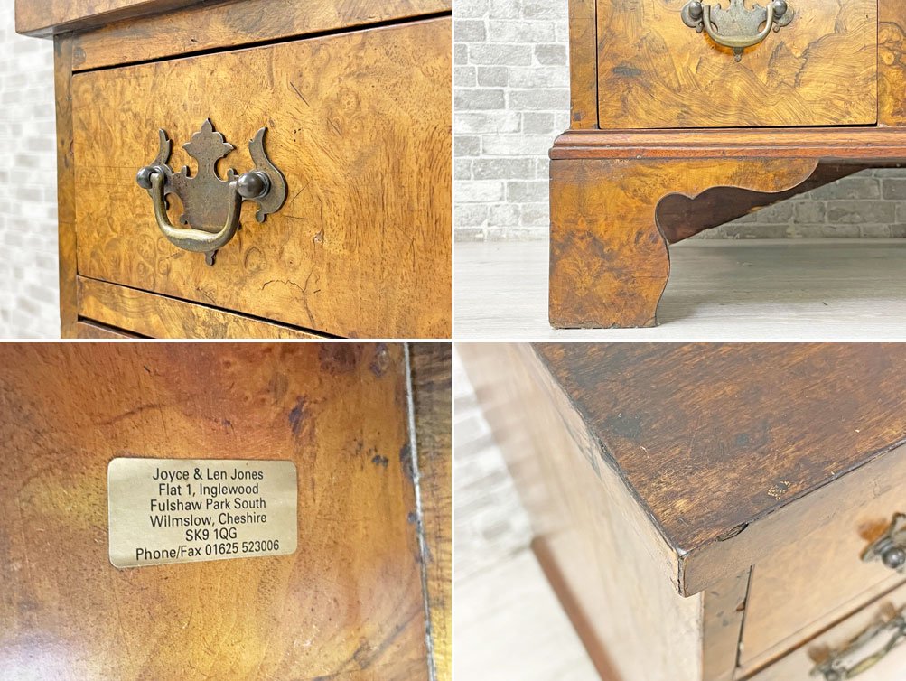 UKビンテージ Vintage ニーホールデスク 両袖 鍵付き ウォールナット材 バール杢 ジョージアン様式 英国家具 ●