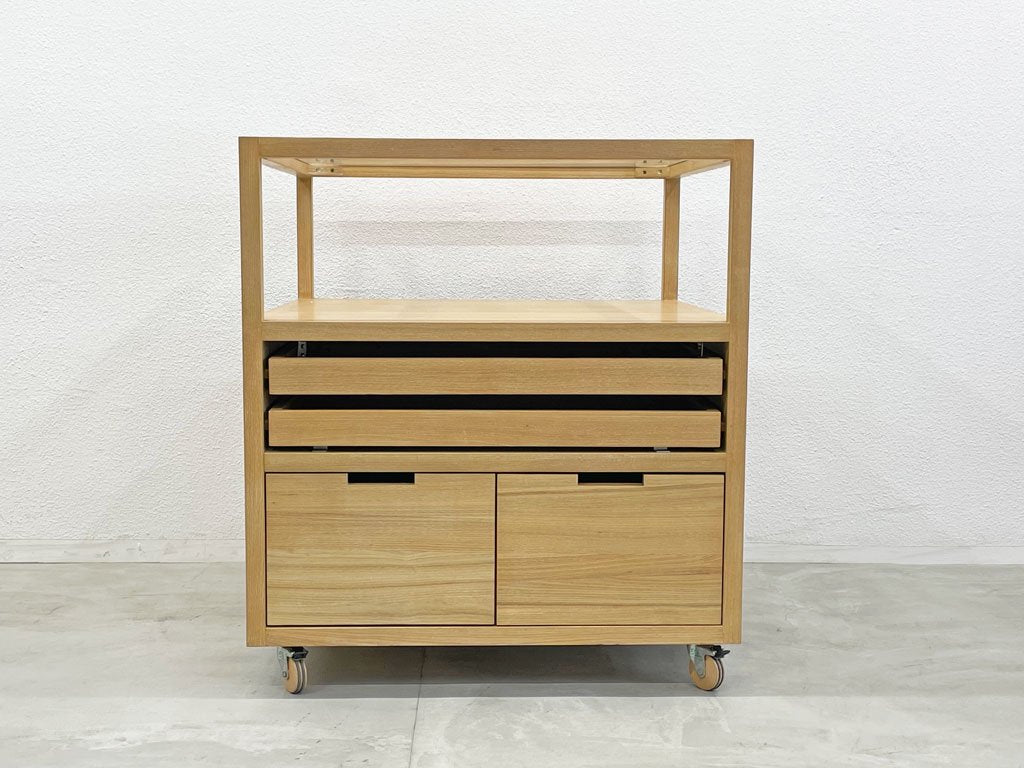 アイランド ディスプレイケース 収納付 カウンター island style display rack ガラストップ タモ無垢材フレーム ドロワーユニット 店舗什器 キャスター付 〓