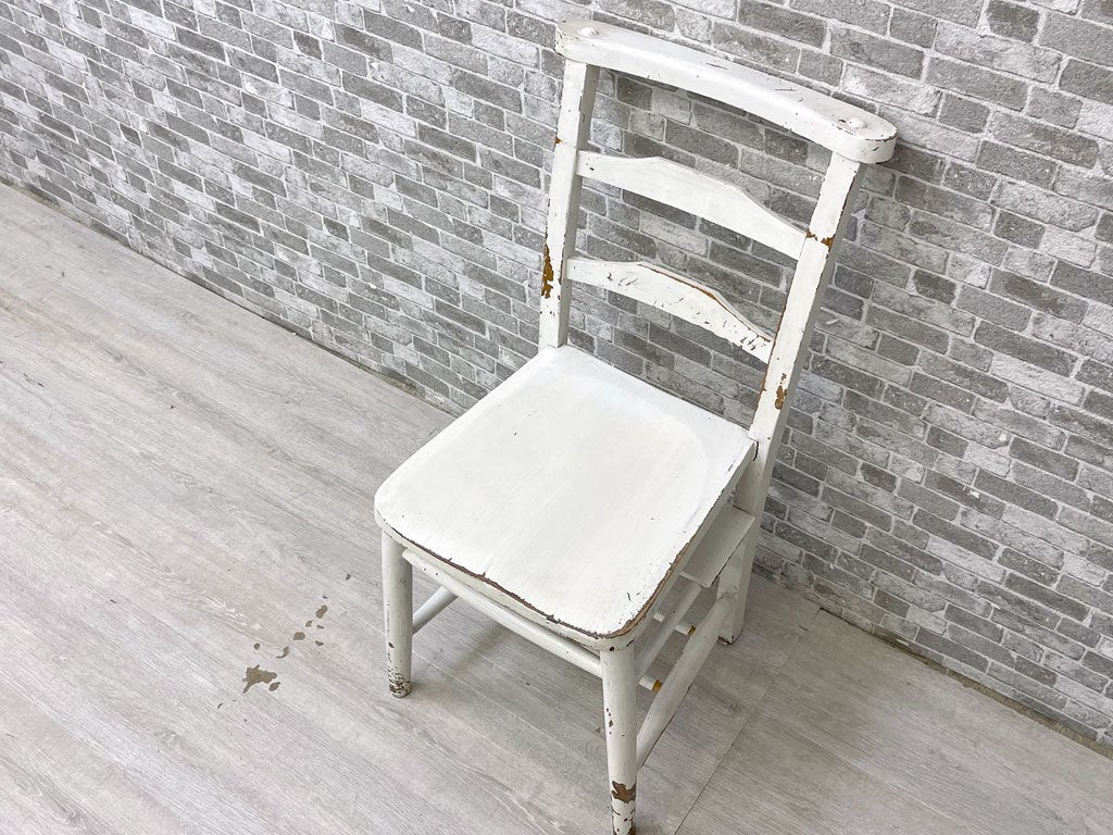 UKビンテージ Vintage チャーチチェア ダイニングチェア シャビーシック ホワイトペイント ラック付き 英国 アンティーク ●