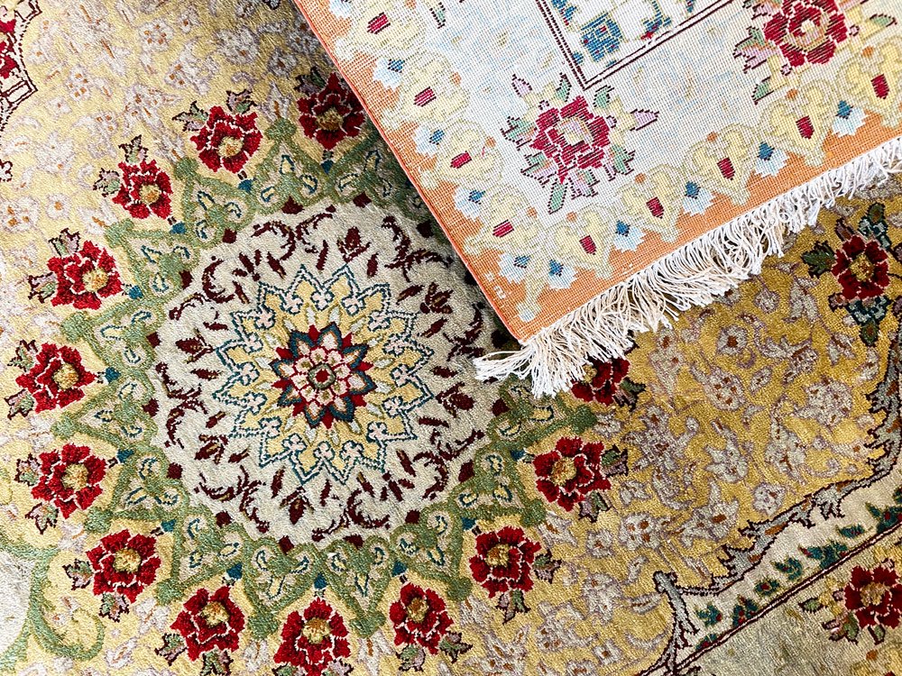 ペルシャ絨毯 Persian Rug クム産 90×60cm キッチンマット 玄関マット ラグ シルク100％ 手織り イラン ◎