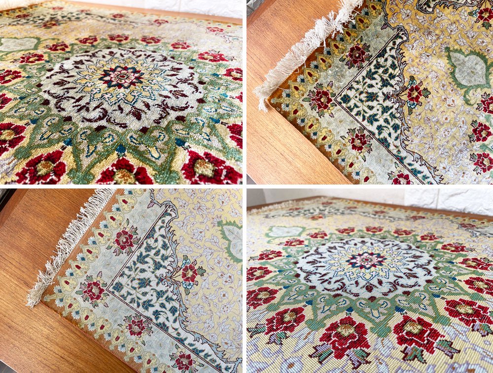 ペルシャ絨毯 Persian Rug クム産 90×60cm キッチンマット 玄関マット ラグ シルク100％ 手織り イラン ◎