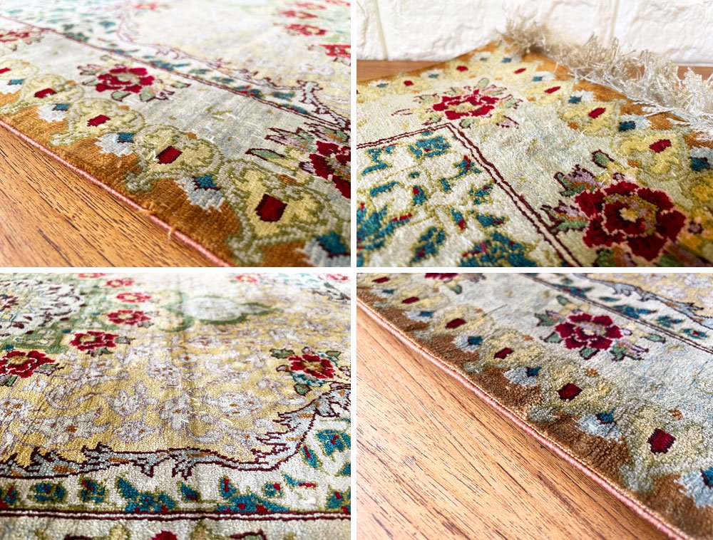 ペルシャ絨毯 Persian Rug クム産 90×60cm キッチンマット 玄関マット ラグ シルク100％ 手織り イラン ◎