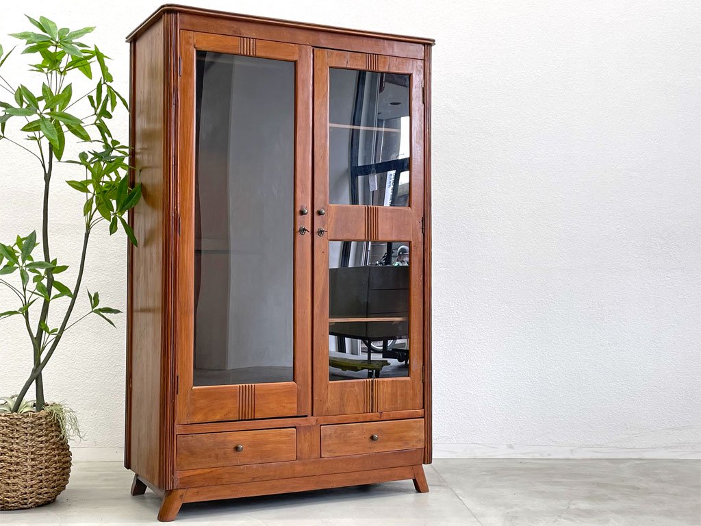 アジアンチーク無垢材 Asian teak ハンガー キャビネット Hanger cabinet ワードローブ 鍵付 ガラスキャビネット 収納家具 〓