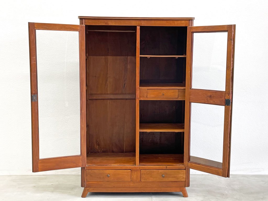 アジアンチーク無垢材 Asian teak ハンガー キャビネット Hanger cabinet ワードローブ 鍵付 ガラスキャビネット 収納家具 〓