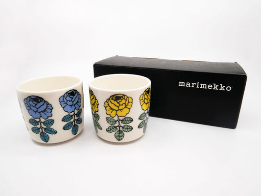 マリメッコ marimekko ヴィヒキルース VIHKIRUUSU ラテマグ ペア 2点セット ライトブルー＆イエロー 廃番カラー マイヤ・イソラ Maija Isola 箱付き 希少 ●