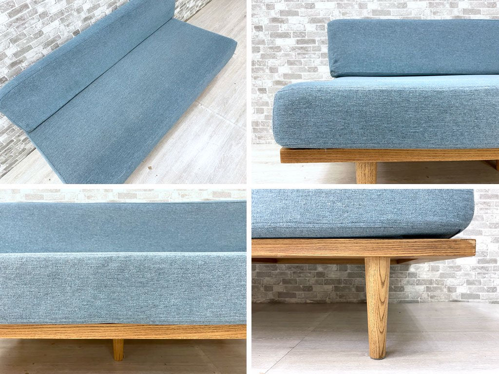 モモナチュラル Momo Natural デイ ソファ ミニ DAY SOFA MINI ベンチバックレスト 2人掛け オーク材 ブルー系ファブリック カバーリング W135 定価￥58,000- ●