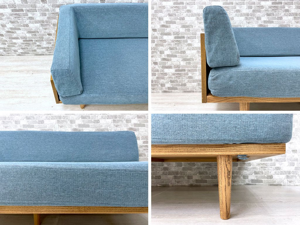 モモナチュラル Momo Natural デイ ソファ ミニ DAY SOFA MINI ベンチ 片アーム オーク材 ブルー系ファブリック カバーリング W137 定価￥68,000- ●