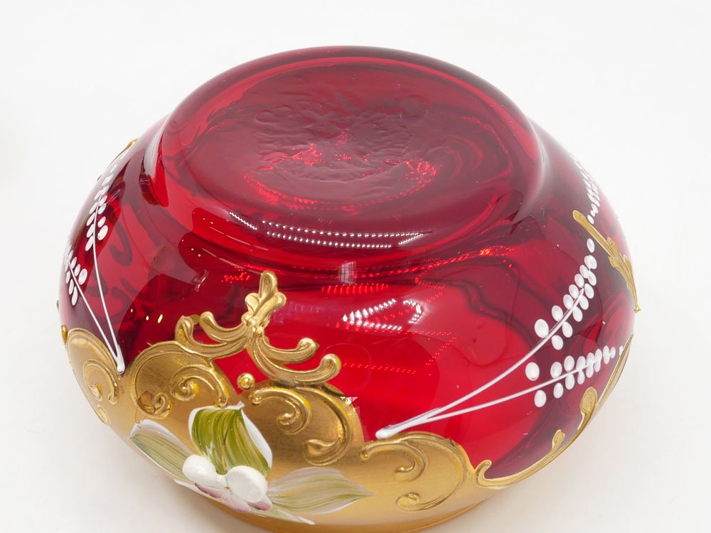 ベネチアングラス Venetian glass キャンディボックス キャニスター レッド 金彩 イタリア ムラーノガラス ガラス工芸品 ●