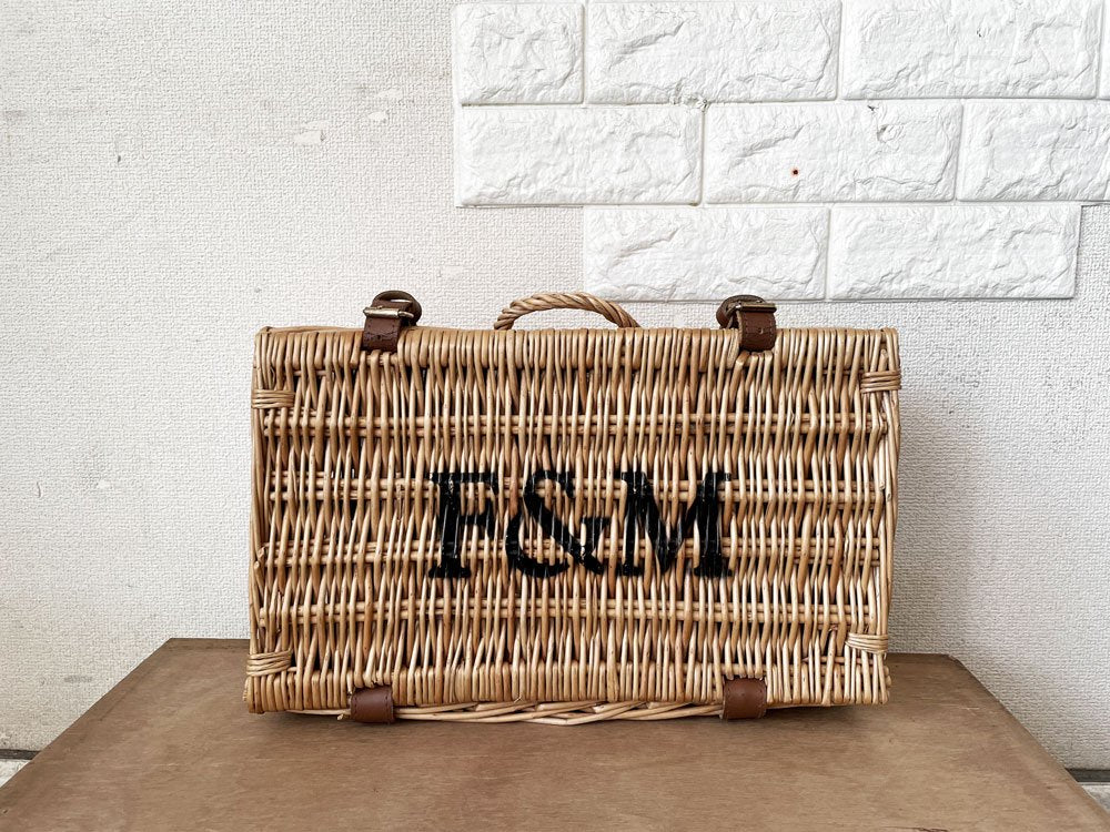 フォートナム＆メイソン Fortnum & Mason F&M ハンパー 蓋付きバスケット ピクニックバスケット W40cm ウィッカー レザーベルト付 イギリス ◎