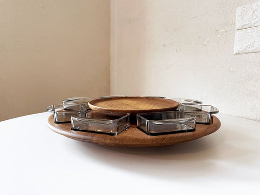 ディグスメド DIGSMED レイジースーザン Lazy Susan チーク材 回転トレイ ガラスディッシュ8個付 Φ40cm デンマーク 北欧ビンテージ ◎