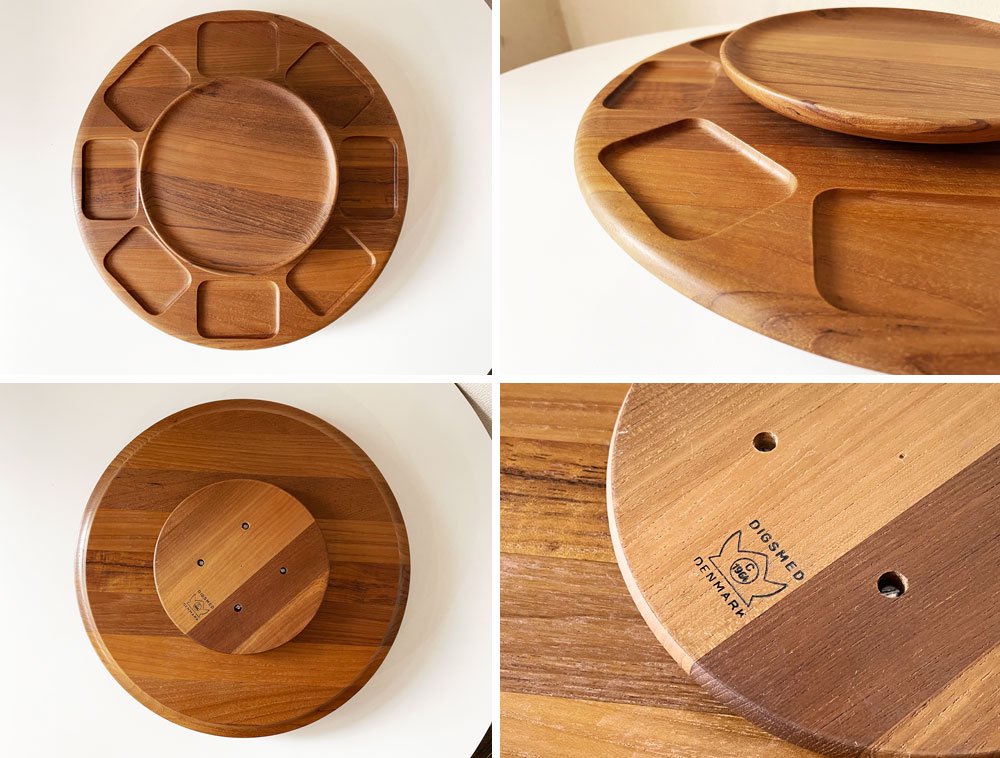 ディグスメド DIGSMED レイジースーザン Lazy Susan チーク材 回転トレイ ガラスディッシュ8個付 Φ40cm デンマーク 北欧ビンテージ ◎