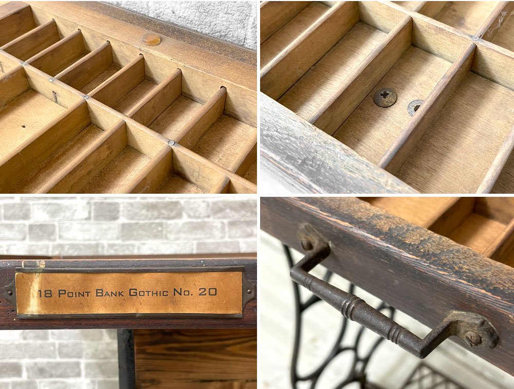 ビンテージ Vintage プリンタートレイ×ミシン脚 テーブル W82cm 足踏み ガラストップ 工業系 インダストリアル 店舗什器 リメイク家具 ●