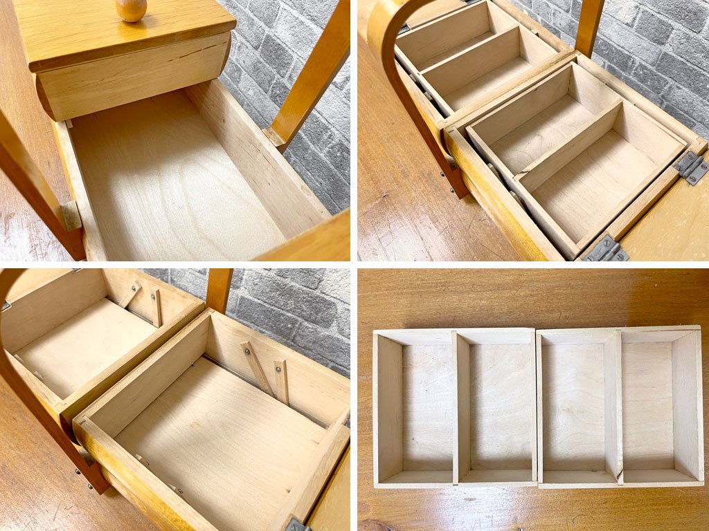 UKビンテージ 木製 ソーイングボックス 裁縫箱 お針箱 収納箱 小物入れ２段 ●