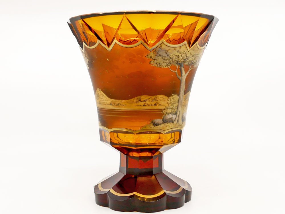 ボヘミア BOHEMIA 花瓶 フラワーベース 西洋馬車風景図 アンバー H22.5cm 希少 ●
