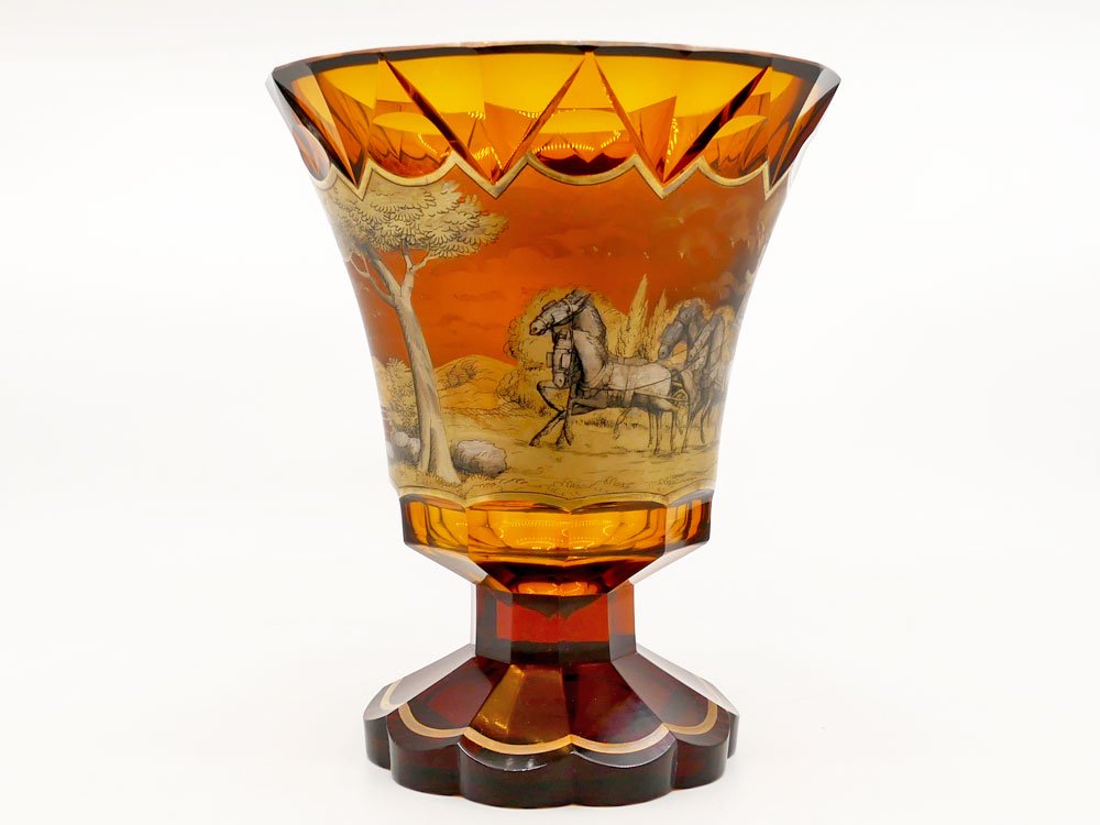 ボヘミア BOHEMIA 花瓶 フラワーベース 西洋馬車風景図 アンバー H22.5cm 希少 ●