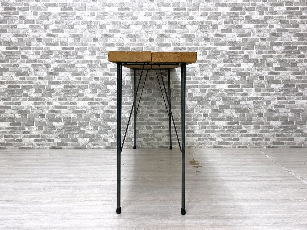 無垢材天板 × アイアンレッグ デスク ワークテーブル コンソール 作業台 工業系 インダストリアル 店舗什器 リメイク家具 W135.5cm ●