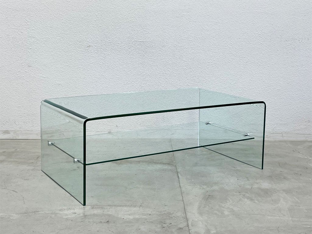 モダン インテリア オールガラス コーヒーテーブル All glass coffee table 収納棚付 曲げ一枚ガラス センターテーブル 〓