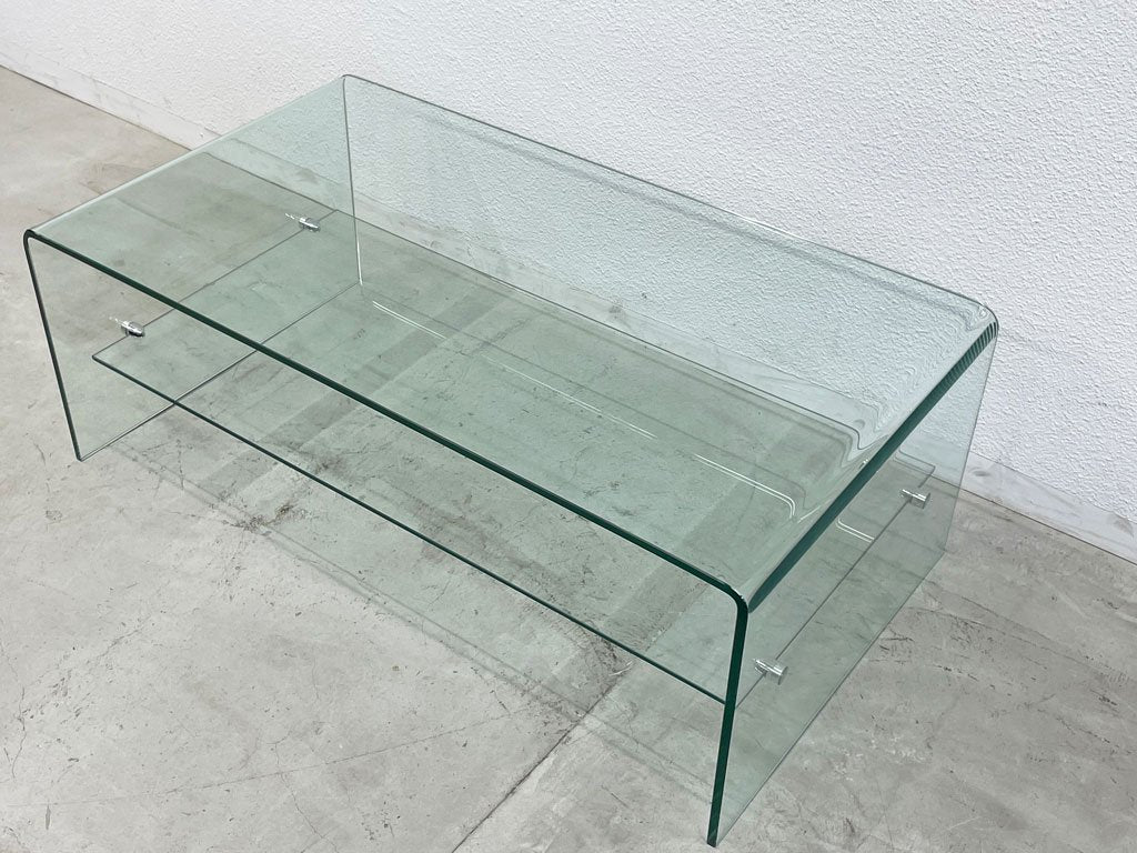 モダン インテリア オールガラス コーヒーテーブル All glass coffee table 収納棚付 曲げ一枚ガラス センターテーブル 〓