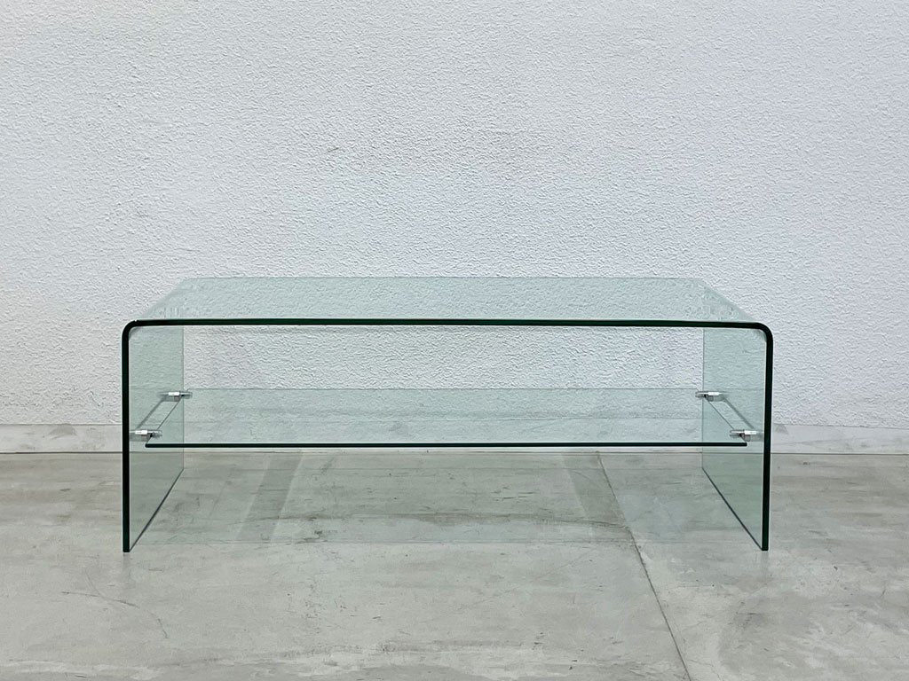 モダン インテリア オールガラス コーヒーテーブル All glass coffee table 収納棚付 曲げ一枚ガラス センターテーブル 〓
