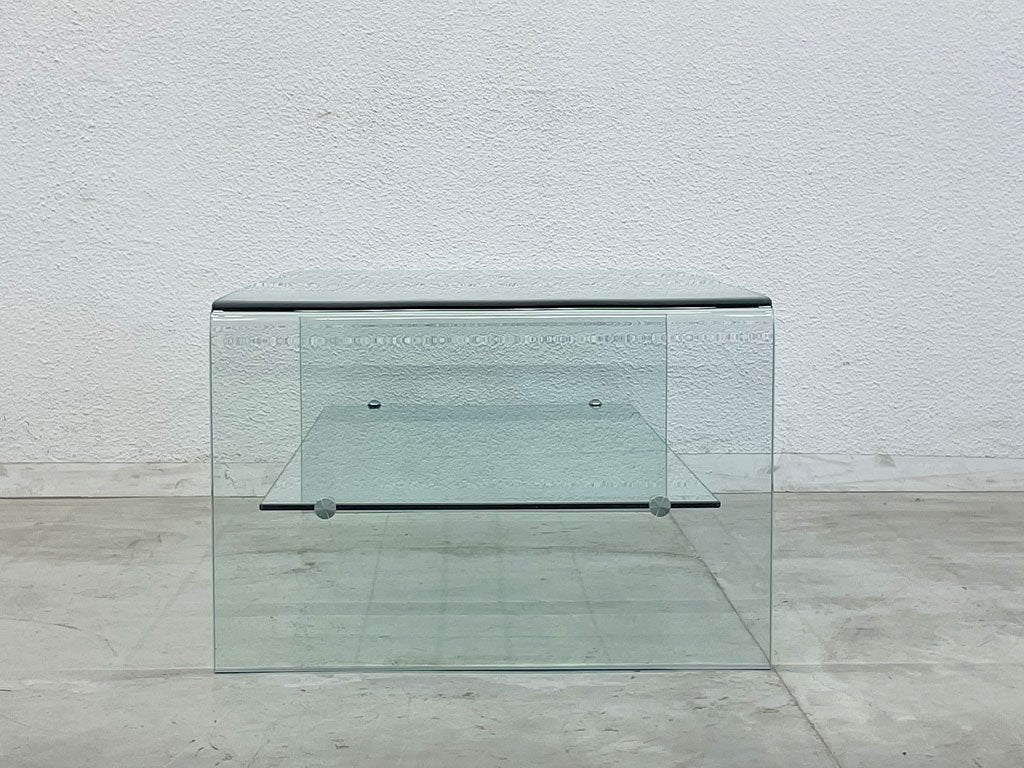 モダン インテリア オールガラス コーヒーテーブル All glass coffee table 収納棚付 曲げ一枚ガラス センターテーブル 〓