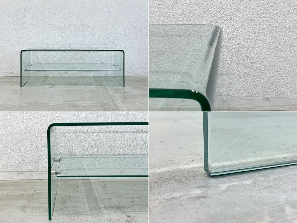 モダン インテリア オールガラス コーヒーテーブル All glass coffee table 収納棚付 曲げ一枚ガラス センターテーブル 〓
