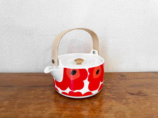 マリメッコ marimekko ウニッコ Unikko ティーポット ホワイト × レッド 700ml 茶こし付 マイヤ・イソラ フィンランド 北欧食器 定価￥15,400- ◎