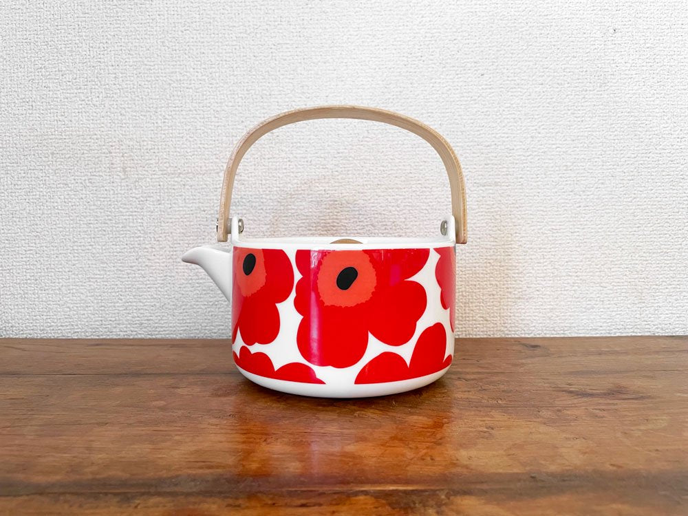 マリメッコ marimekko ウニッコ Unikko ティーポット ホワイト × レッド 700ml 茶こし付 マイヤ・イソラ フィンランド 北欧食器 定価￥15,400- ◎