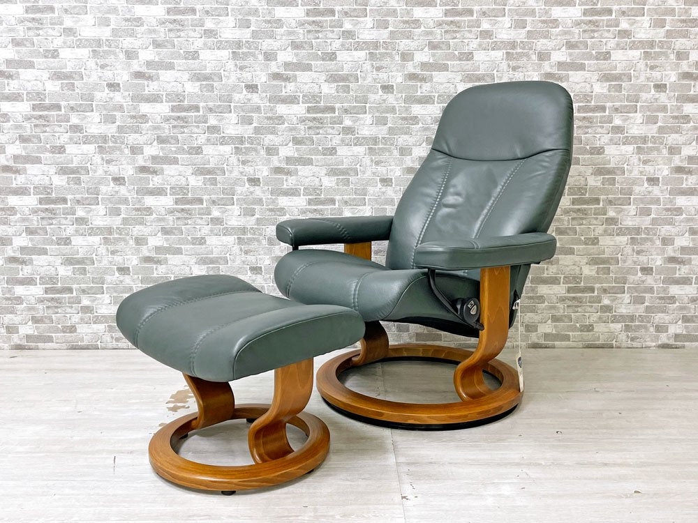 エコーネス EKORNES コンサル Consul ストレスレスチェア stressless リクライニングチェア オットマン付き 牛革 レザー Sサイズ グリーン ●