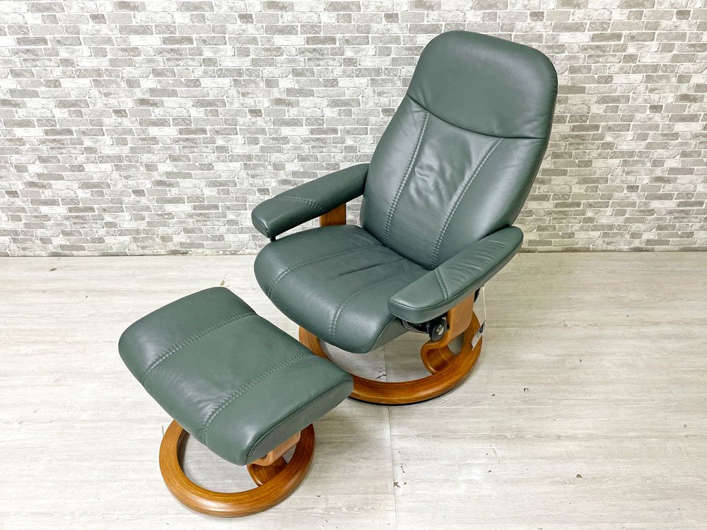 エコーネス EKORNES コンサル Consul ストレスレスチェア stressless リクライニングチェア オットマン付き 牛革 レザー Sサイズ グリーン ●