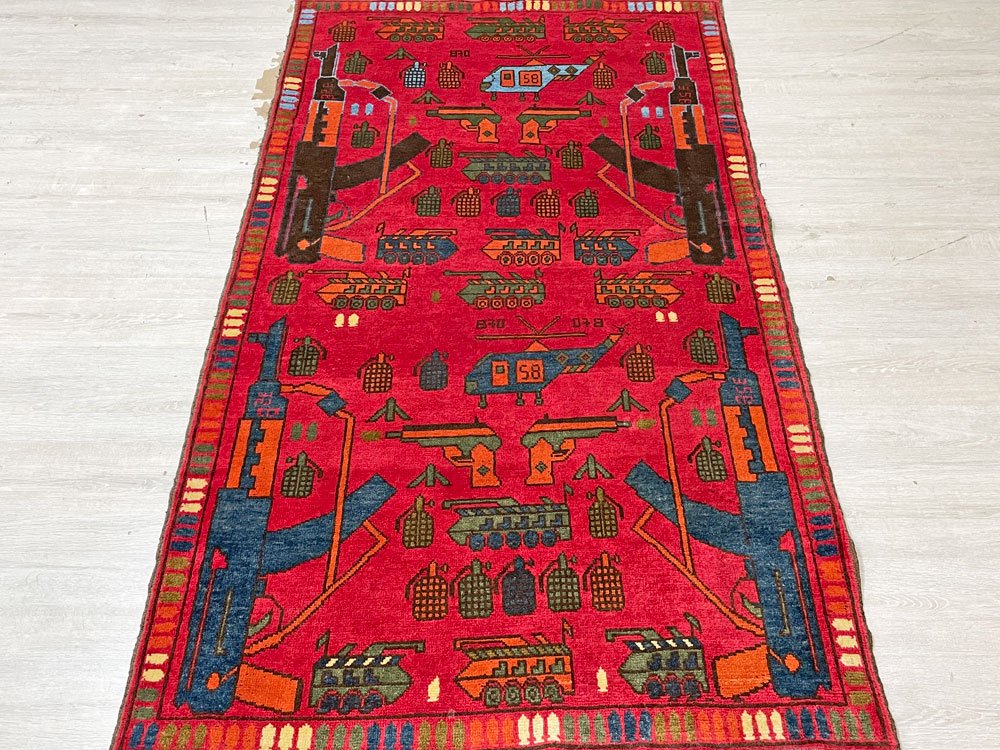ビンテージ Vintage ウォーラグ War Rug トルクメン族 Turkmen カーペット 絨毯 レッド アフガニスタン 190×103cm ●