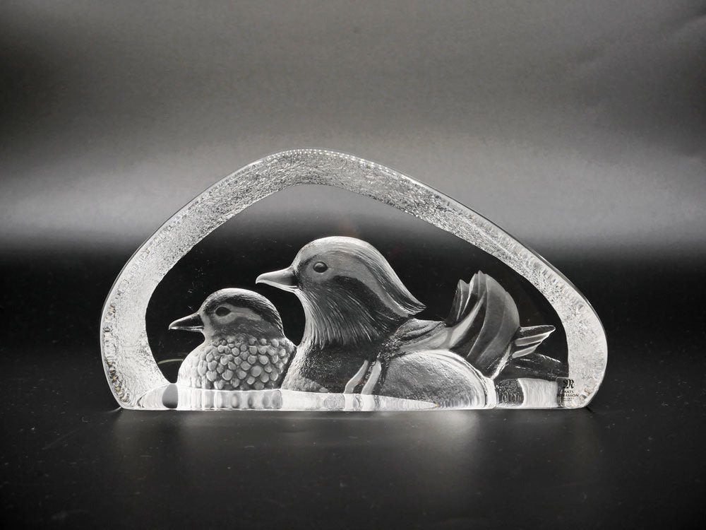 マッツ・ジョナサン Mats Jonasson クリスタル ペーパーウェイト オブジェ 2羽の水鳥 Crystal Paper weight Sculpture waterfowl 置物 北欧 ●