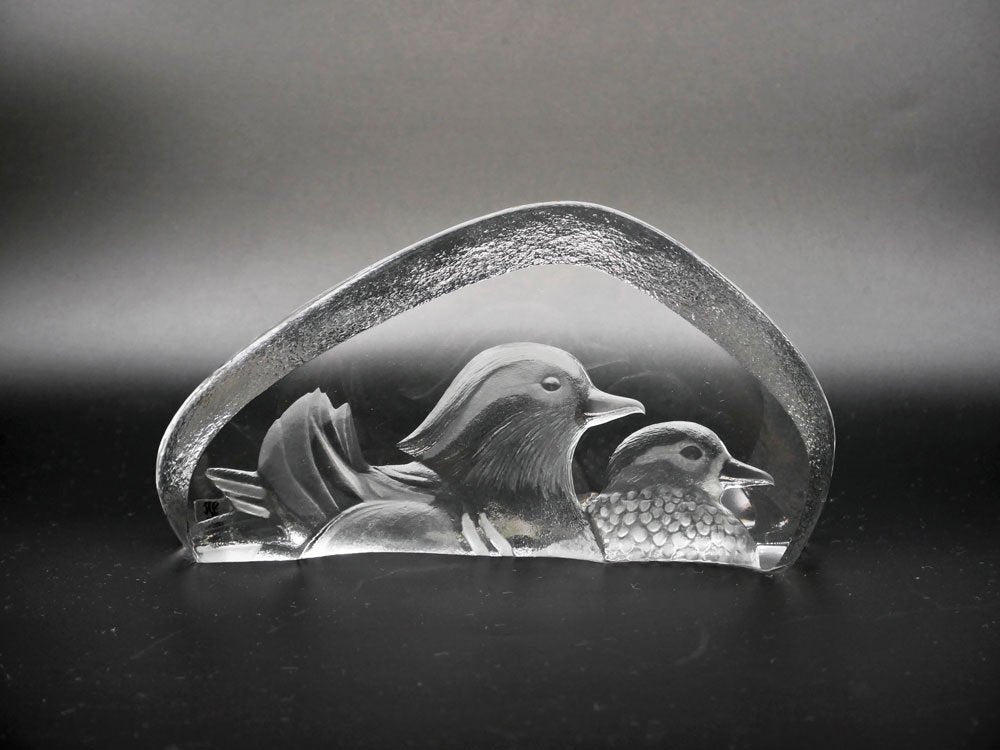 マッツ・ジョナサン Mats Jonasson クリスタル ペーパーウェイト オブジェ 2羽の水鳥 Crystal Paper weight Sculpture waterfowl 置物 北欧 ●