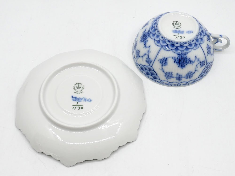 ロイヤルコペンハーゲン ROYAL COPENHAGEN ブルーフルーテッド フルレース ティー カップ & ソーサー デンマーク 北欧食器 C ●