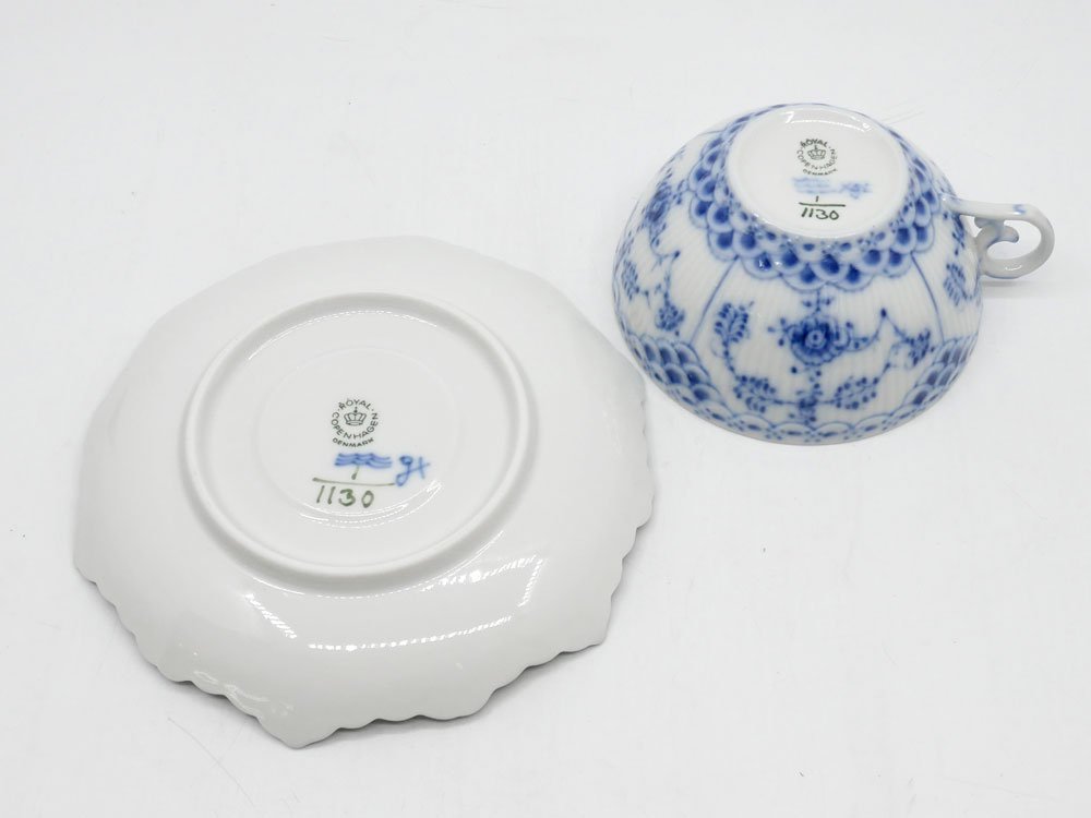 ロイヤルコペンハーゲン ROYAL COPENHAGEN ブルーフルーテッド フルレース ティー カップ & ソーサー デンマーク 北欧食器 B ●