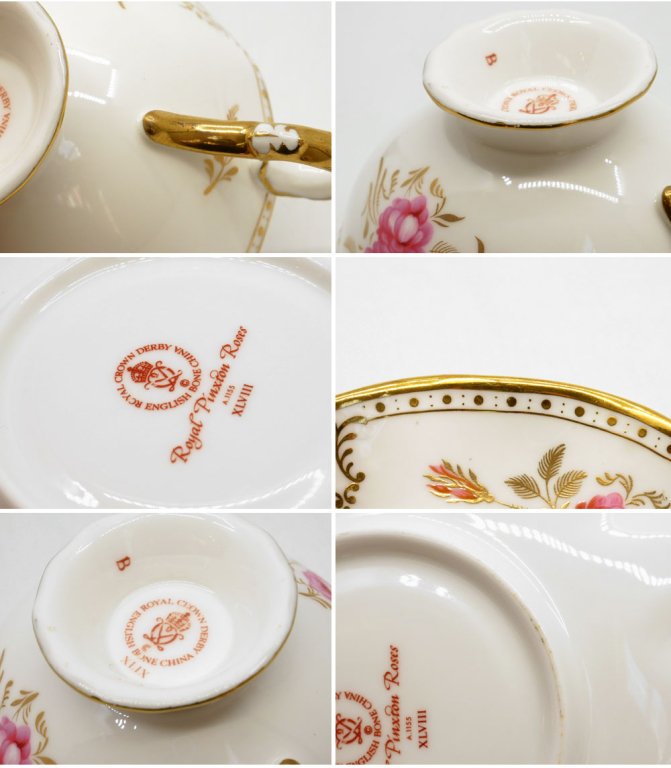 ロイヤルクラウンダービー ROYAL CROWN DERBY ピンクストンローズ Royal Pinxton Rose ティーカップ＆ソーサー C&S ボーンチャイナ 金彩 英国 A ●