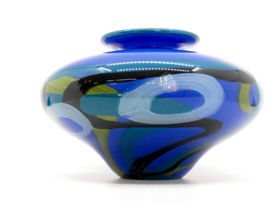 Ioan Nemtoi フラワーベース 花瓶 Φ22cm 被せガラス 手吹き ハンドメイド カットサイン入り Art Glass ルーマニア製 ●