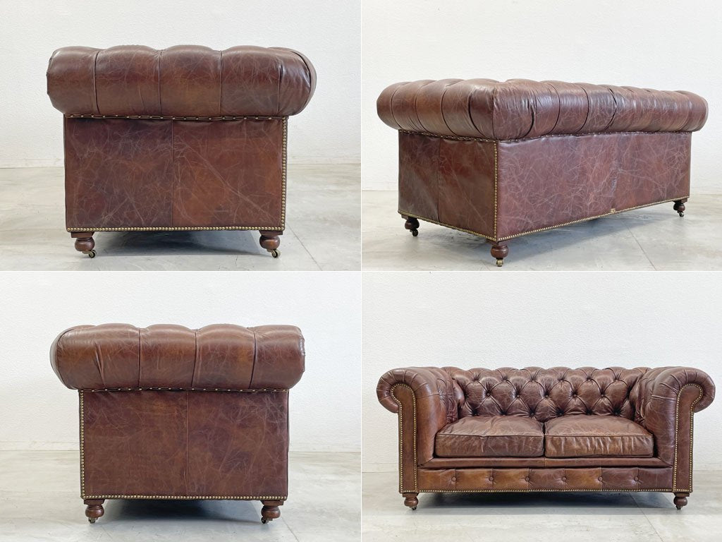 ハロ HALO ケンジントン ソファ KENSINGTON Sofa 2シーターソファ バイカータンレザー 牛本革 チェスターフィールド ソファ スタッズ 定価506,000円 展示品相当 〓