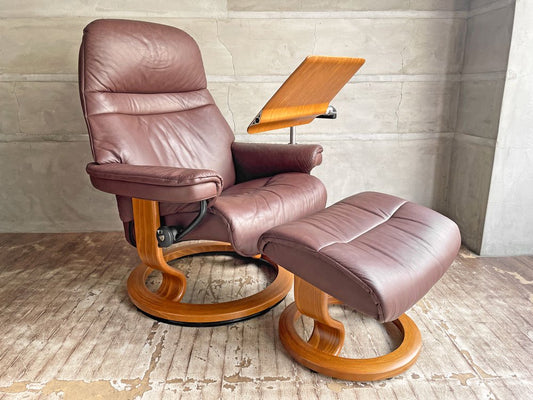 エコーネス EKORNES ストレスレス Stressless サンライズ クラシック Sサイズ リクライニングチェア コンピューターテーブル＆オットマン付き バティック ブラウン 本革 ♪