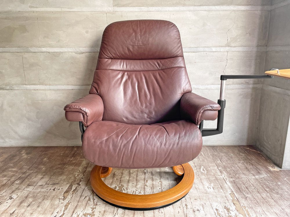 エコーネス EKORNES ストレスレス Stressless サンライズ クラシック Sサイズ リクライニングチェア コンピューターテーブル＆オットマン付き バティック ブラウン 本革 ♪