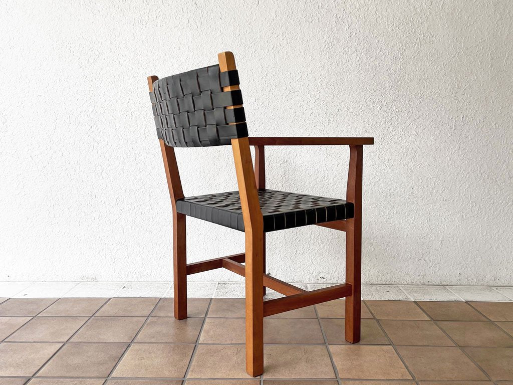 北の住まい設計社  ラスティック チェア RUSTIC CHAIR アームチェア イタヤカエデ×ナラ×本革 レザー 編み込み ダークブラウン×ブラック 定価 \101,200- A ◇