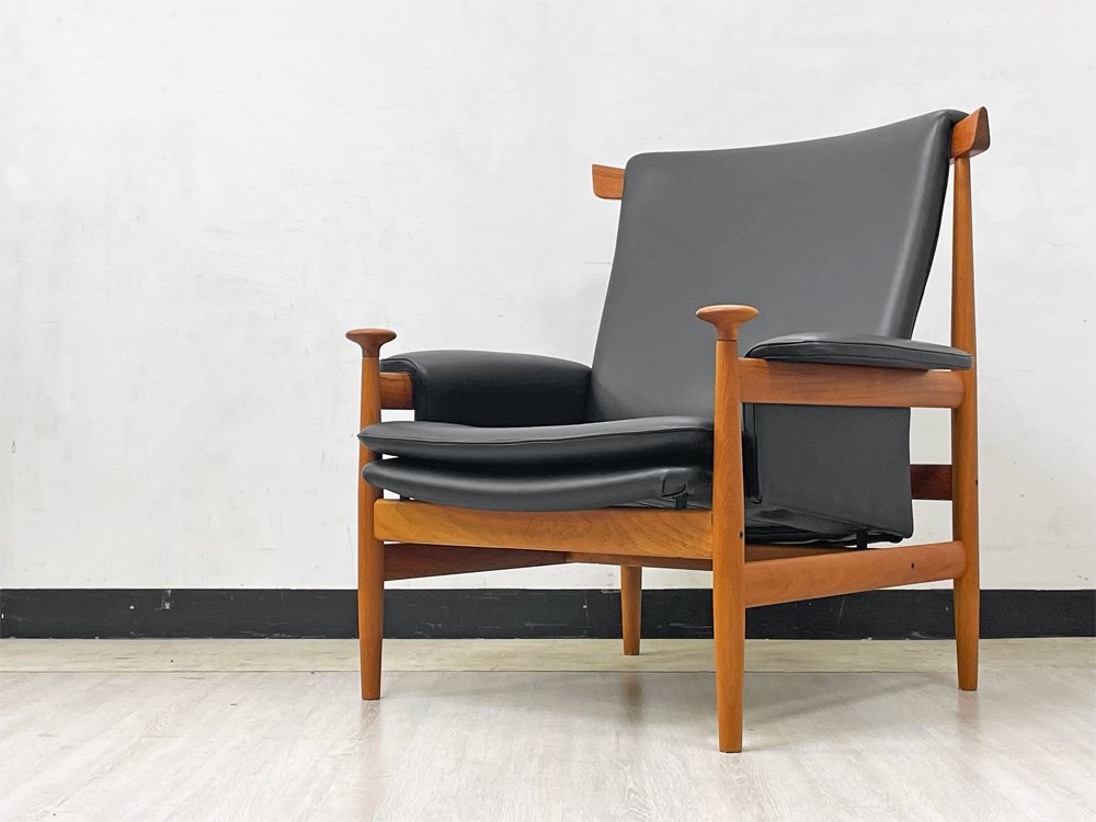 フランス＆サン France & Son ブワナチェア Bwana Chair ラウンジチェア チーク材 本革 ブラック フィン・ユール Finn Juhl デンマークビンテージ 北欧家具 美品 ●