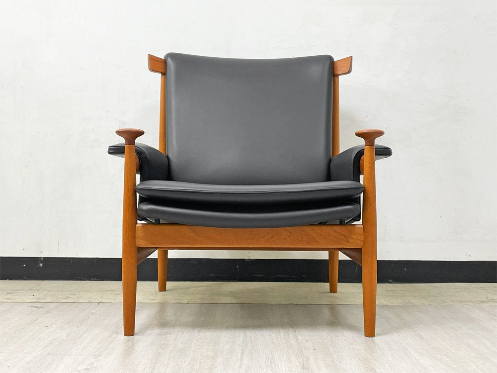 フランス＆サン France & Son ブワナチェア Bwana Chair ラウンジチェア チーク材 本革 ブラック フィン・ユール Finn Juhl デンマークビンテージ 北欧家具 美品 ●